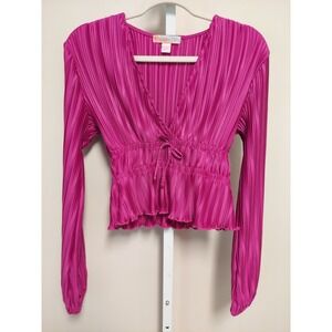 Jewel Tone Fuchsia Pink Pleated V-Neck Smocked Peplum Blouse Top S Brunch Party